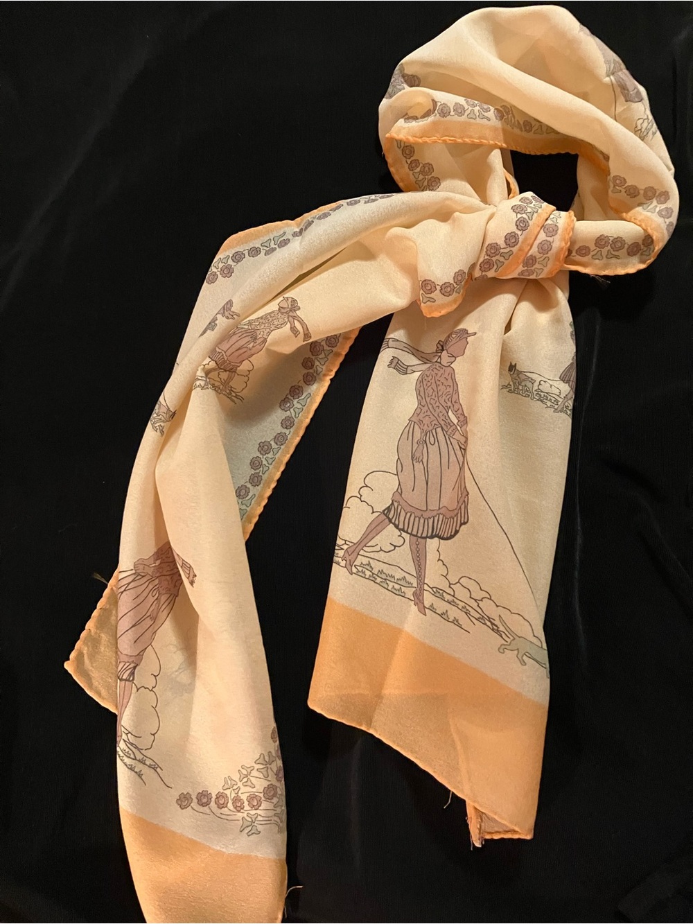 Vintage Peach Woman & Dog Scarf with Floral Border